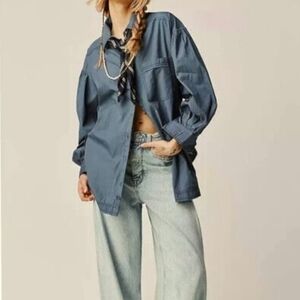 Free People - We the Free Happy Hour Button Up Shirt Size Medium in Blue Cotton